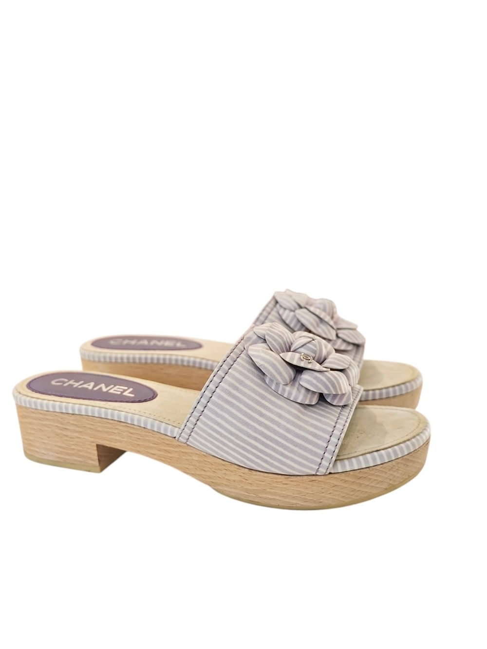 Chanel Viloet stripe Lambskin Leather Camellia Slide - Picture 4 of 11